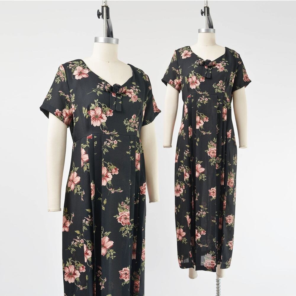 Vintage 90s Black Floral Cottagecore Empire Waist Pleated Maxi Dress M